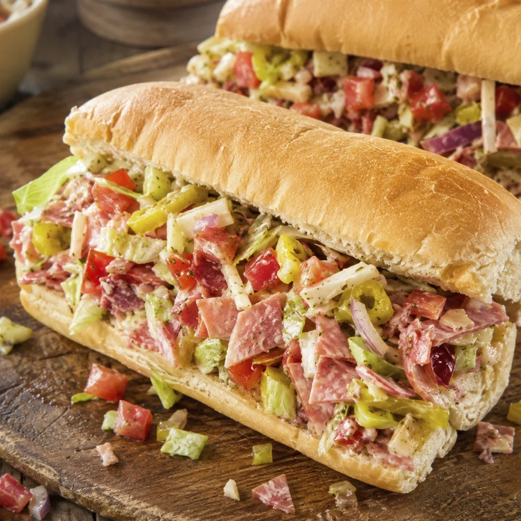 Italian deli sandwich filled with chopped salami, provolone cheese, lettuce, tomatoes, and banana peppers on a soft hoagie roll