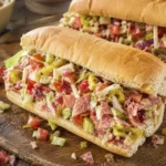 Italian deli sandwich filled with chopped salami, provolone cheese, lettuce, tomatoes, and banana peppers on a soft hoagie roll