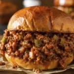 Homemade beef sandwich on a soft bun with rich tomato sauce and diced onions