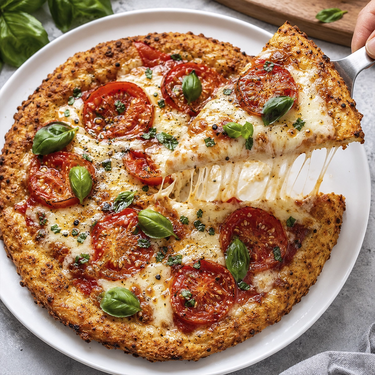 Top view of a homemade pizza on a white plate topped with mozzarella cheese, tomato slices, and basil leaves