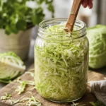Hand pressing shredded cabbage into a glass jar on a wooden countertop during preparation