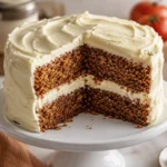 Tomato soup cake with cream cheese frosting and a sliced piece served on a white plate