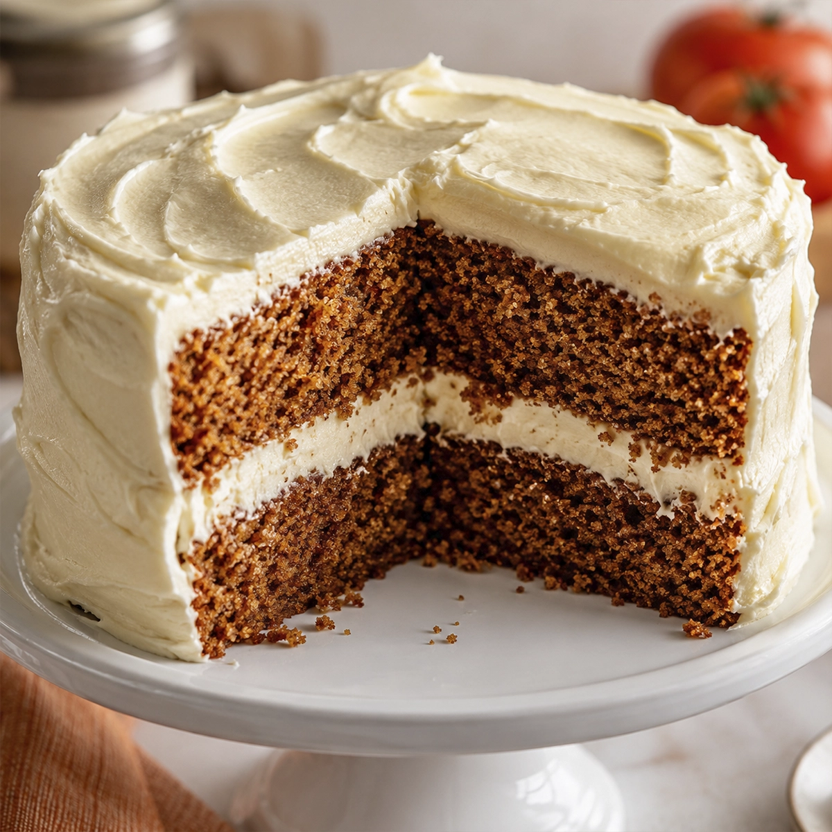Tomato soup cake with cream cheese frosting and a sliced piece served on a white plate