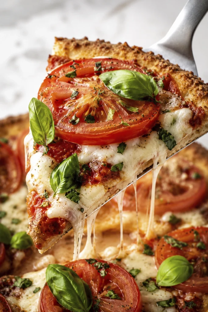 Close up of a cheesy pizza slice being lifted with melted mozzarella stretching between slices and fresh basil on top