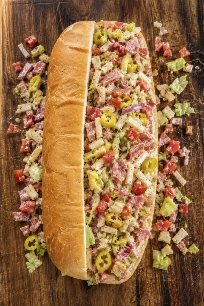 Close up of a stuffed hoagie roll with salami, provolone, lettuce, tomatoes, red onion, and pepper rings