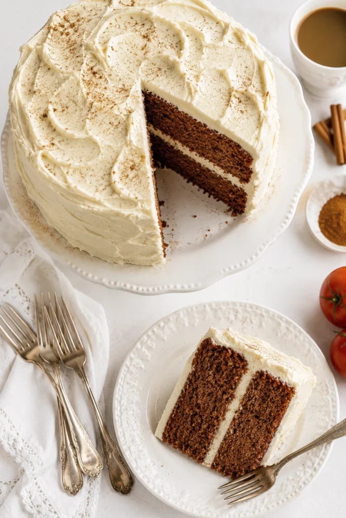 Old fashioned tomato soup cake with cream cheese frosting and visible cake layers