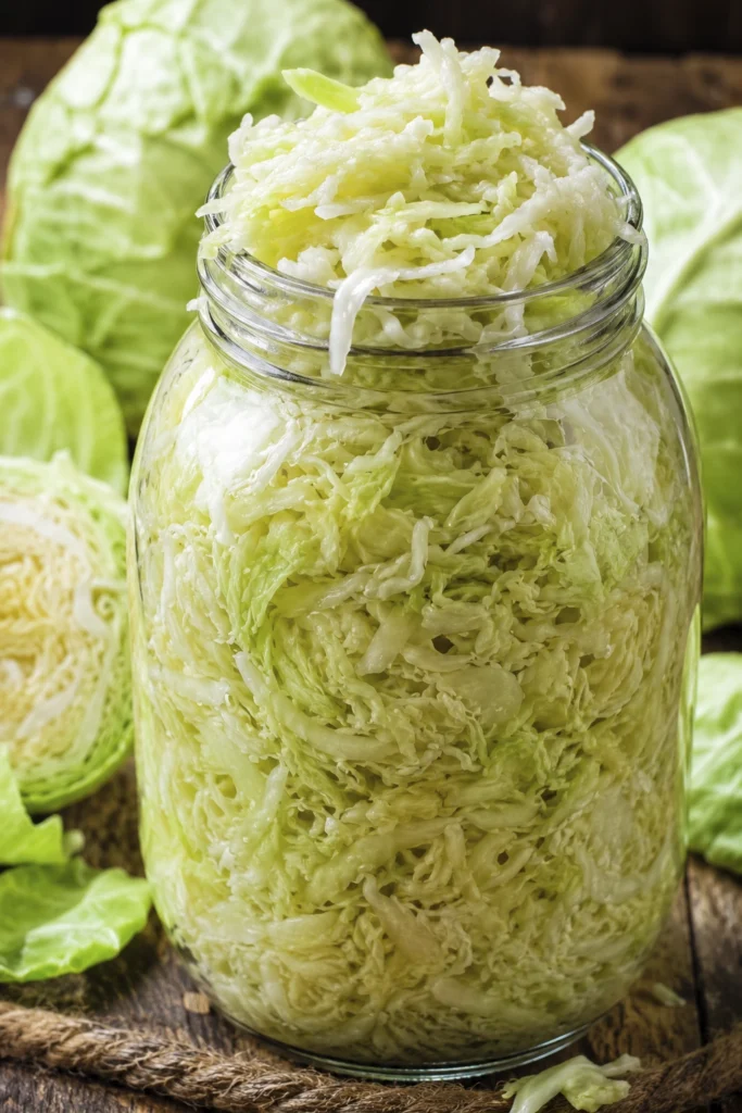 Close up of crunchy shredded cabbage packed in a clear jar with fresh cabbage heads in the background