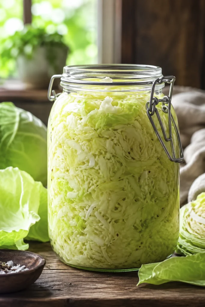Glass jar filled with freshly shredded cabbage fermenting on a rustic wooden table near a bright kitchen window