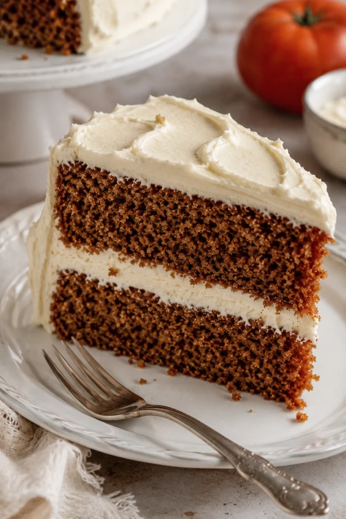 Slice of tomato soup cake with cream cheese frosting on a white dessert plate
