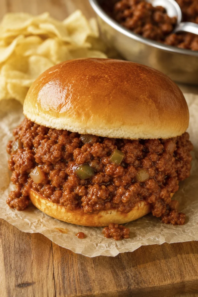 Savory ground beef filling served on a toasted bun with potato chips on the side
