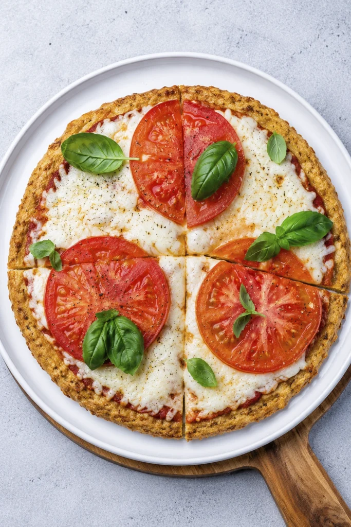 Homemade pizza made with a golden chicken based crust topped with melted mozzarella, sliced tomatoes, and fresh basil leaves