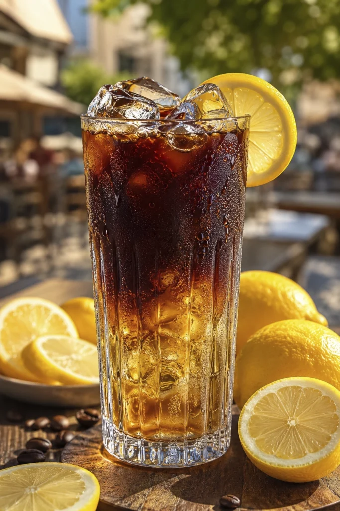 Cold coffee citrus drink served with ice cubes and fresh lemon garnish on a rustic wooden table