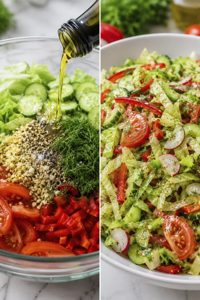 Olive oil being poured over fresh vegetables before tossing into a crisp homemade salad