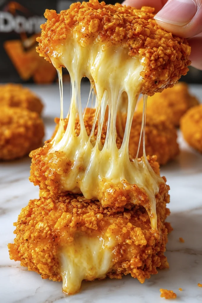 Close-up of crispy Dorito cheese bites stacked with a gooey mozzarella cheese pull stretching from the top bite.