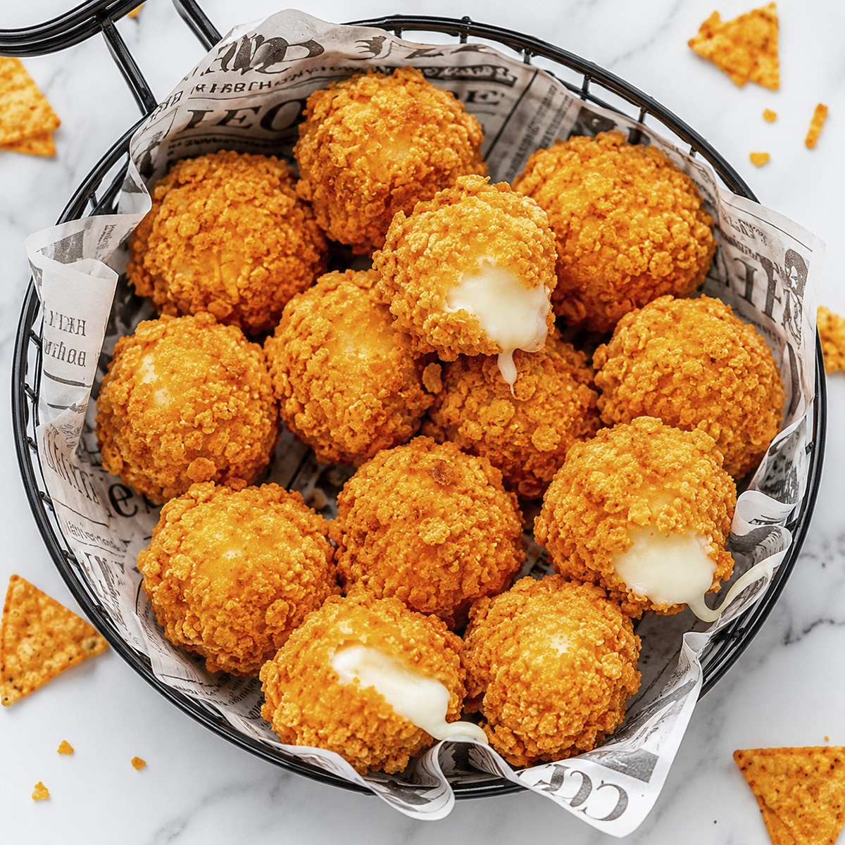 Overhead view of crispy air fryer Dorito cheese bites served in a paper-lined basket with a crunchy golden coating and melted mozzarella filling.