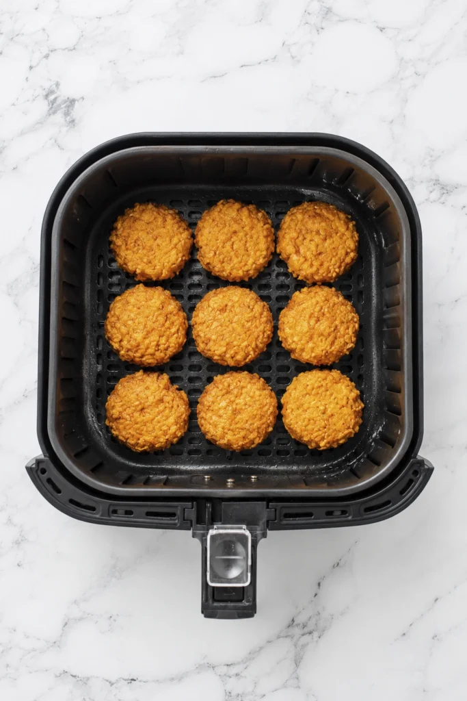 Top-down view of crispy Dorito cheese bites cooking inside a black air fryer basket on a white marble countertop.
