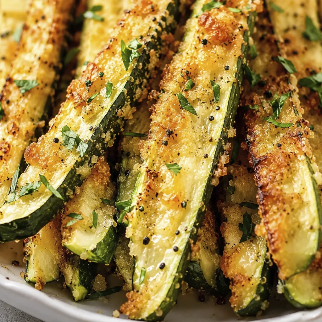 Close-up of crispy baked Parmesan zucchini fries with a golden crunchy coating, garnished with fresh parsley and served on a white plate.