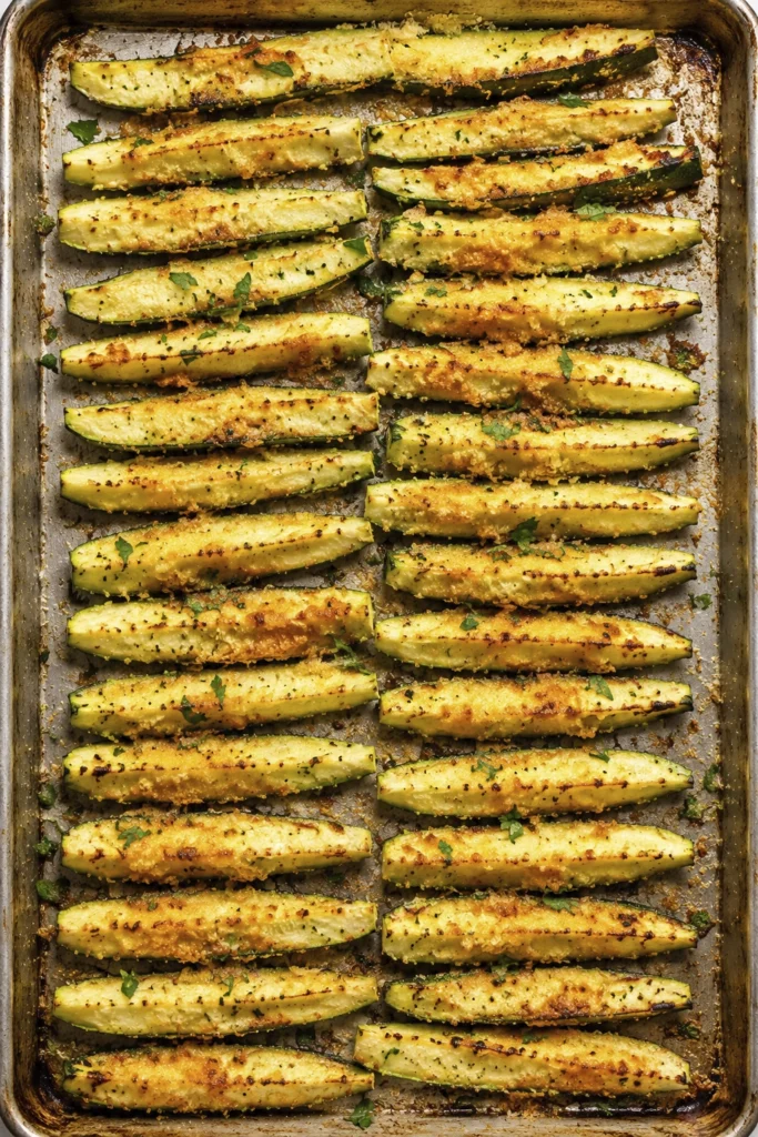 Golden crispy Parmesan baked zucchini fries roasted on a sheet pan with fresh parsley and black pepper seasoning.