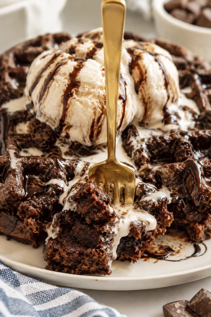 Close-up of a fudgy chocolate brownie waffle topped with vanilla ice cream and chocolate syrup as a gold fork cuts into the dessert.
