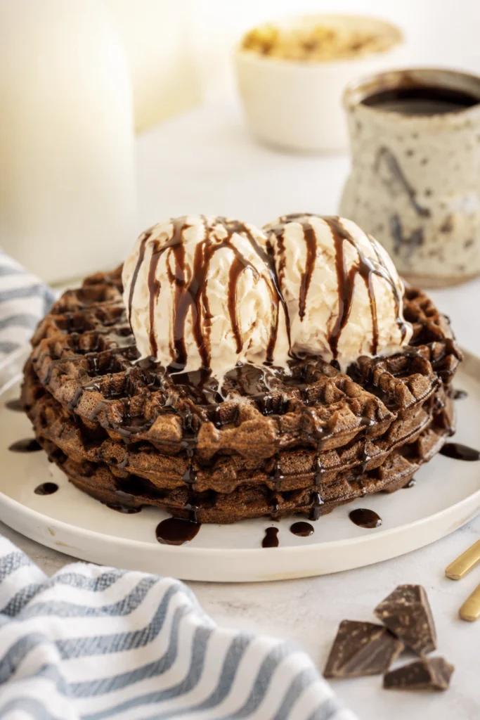 Stack of chocolate brownie waffles topped with vanilla ice cream and chocolate syrup on a white plate.