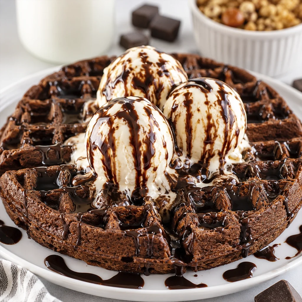 Double chocolate waffle topped with vanilla ice cream and rich chocolate syrup served on a white plate.