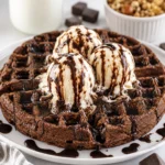 Double chocolate waffle topped with vanilla ice cream and rich chocolate syrup served on a white plate.