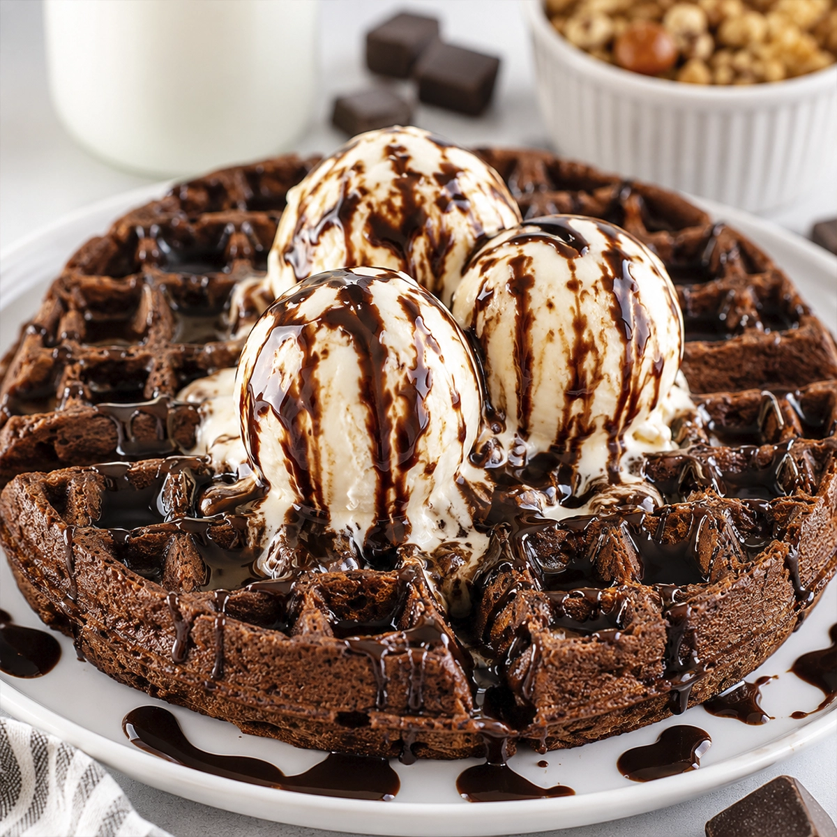Double chocolate waffle topped with vanilla ice cream and rich chocolate syrup served on a white plate.