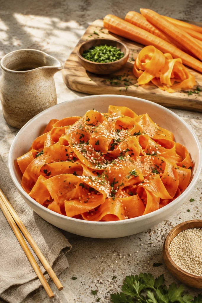 Fresh carrot ribbon salad topped with sesame seeds and parsley in a white bowl with whole carrots and homemade dressing on a rustic kitchen table.