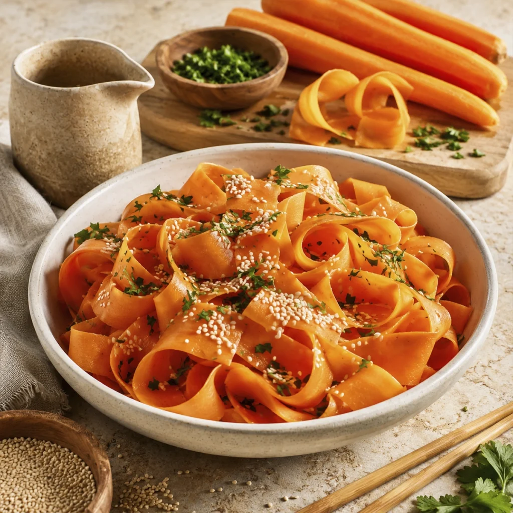 Fresh carrot ribbon salad with parsley, sesame seeds, and lemon dressing served in a rustic white bowl with whole carrots in the background.