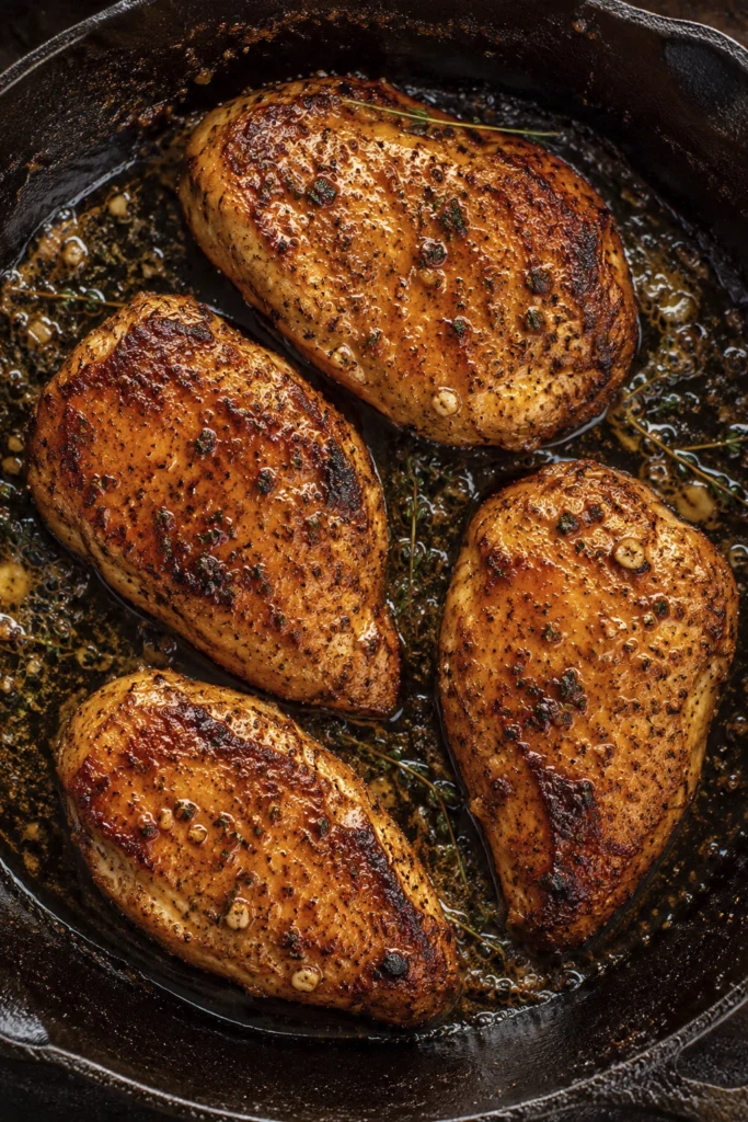 Overhead view of juicy pan seared chicken breasts with a golden brown crust cooking in a cast iron skillet.