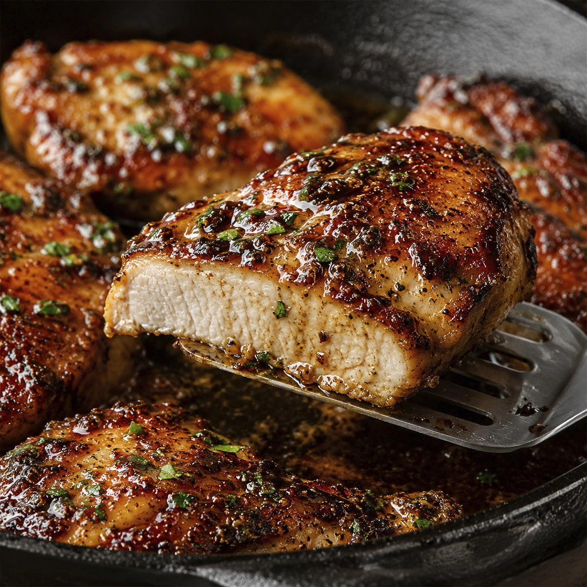 Juicy pan seared chicken breast with garlic butter sauce and fresh parsley served in a cast iron skillet.