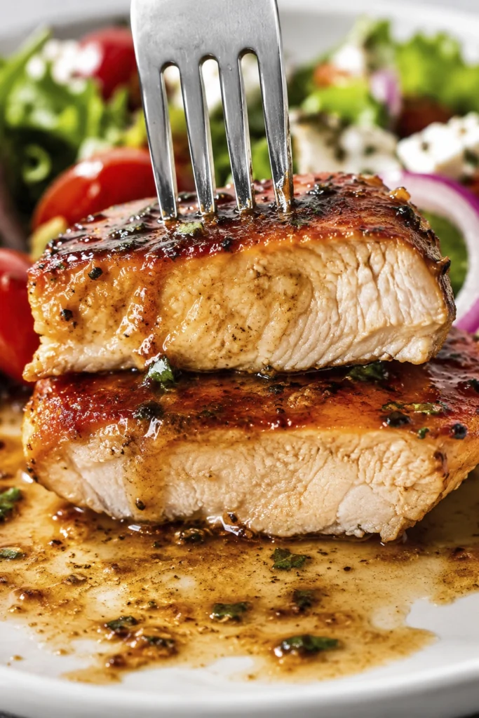 Close up of juicy sliced pan seared chicken breast with garlic butter sauce and fresh salad on a white plate.