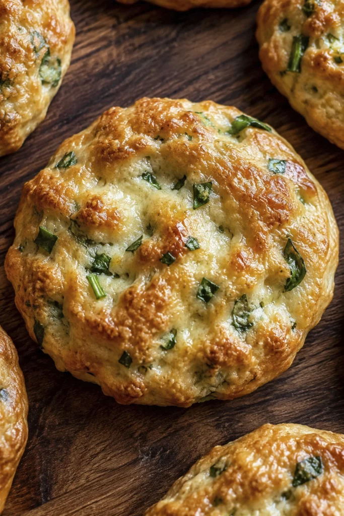 Close-up of a homemade herb and cheese bread round with a crispy golden crust and fresh parsley baked into the dough on a wooden cutting board.