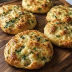 Stacked homemade herb and cheese bread rounds sliced open to reveal a fluffy interior with melted cheese and fresh parsley on a rustic wooden cutting board.