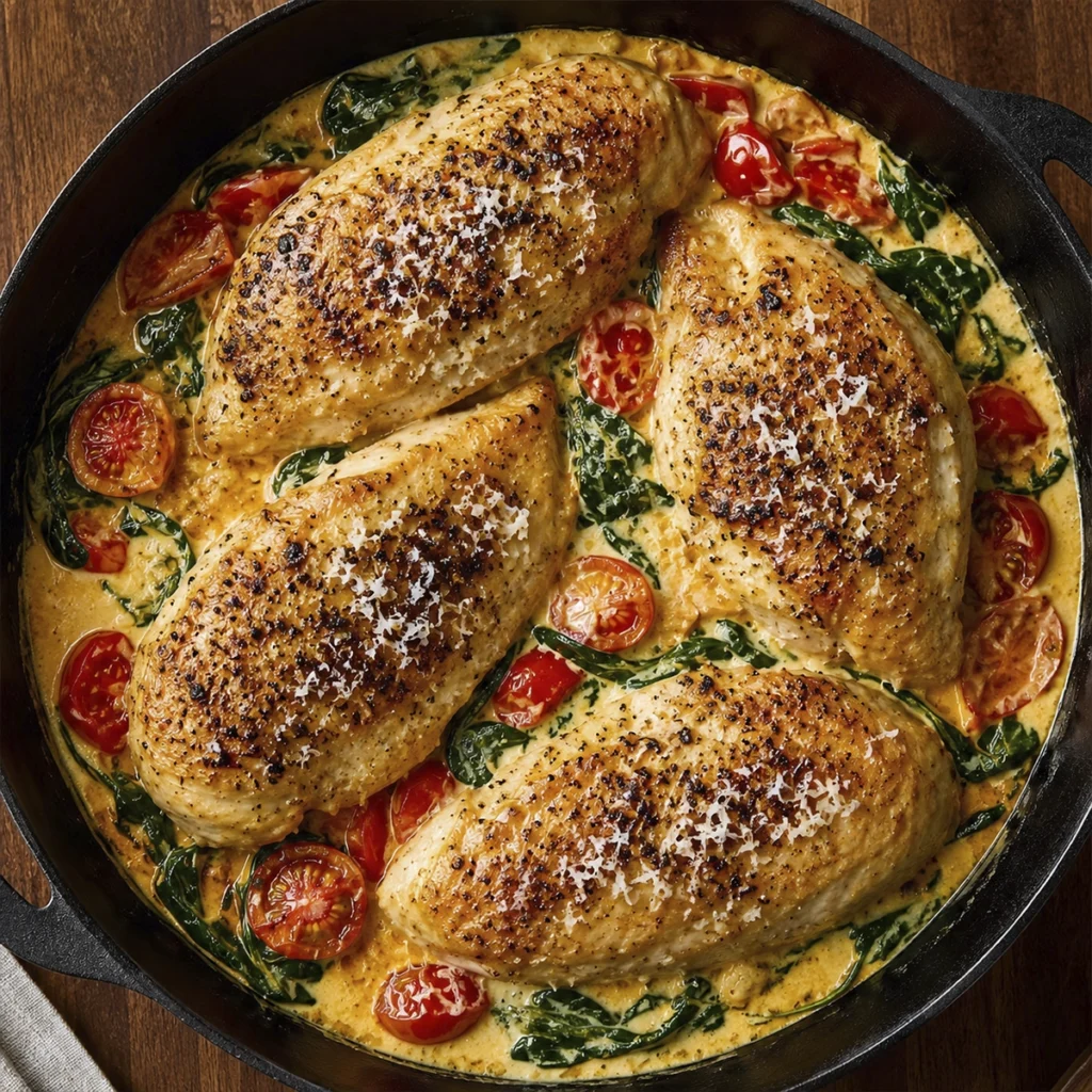 Creamy garlic parmesan chicken with spinach and cherry tomatoes served in a cast iron skillet, topped with freshly grated parmesan cheese.