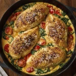 Creamy garlic parmesan chicken with spinach and cherry tomatoes served in a cast iron skillet, topped with freshly grated parmesan cheese.