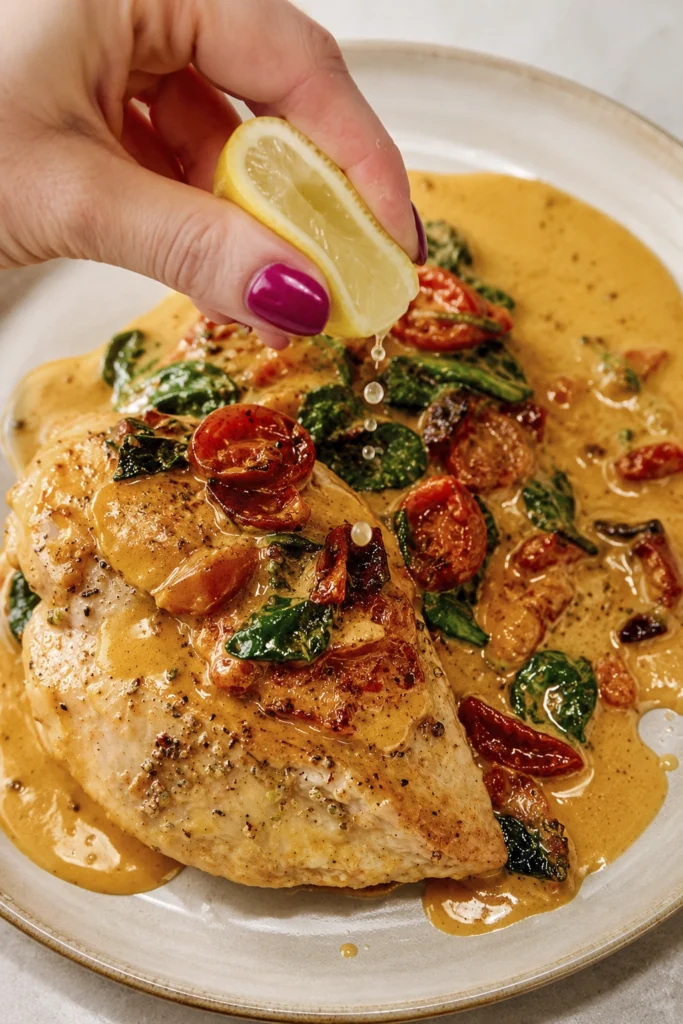Close-up of creamy parmesan chicken topped with roasted cherry tomatoes and spinach while fresh lemon juice is squeezed over the dish.