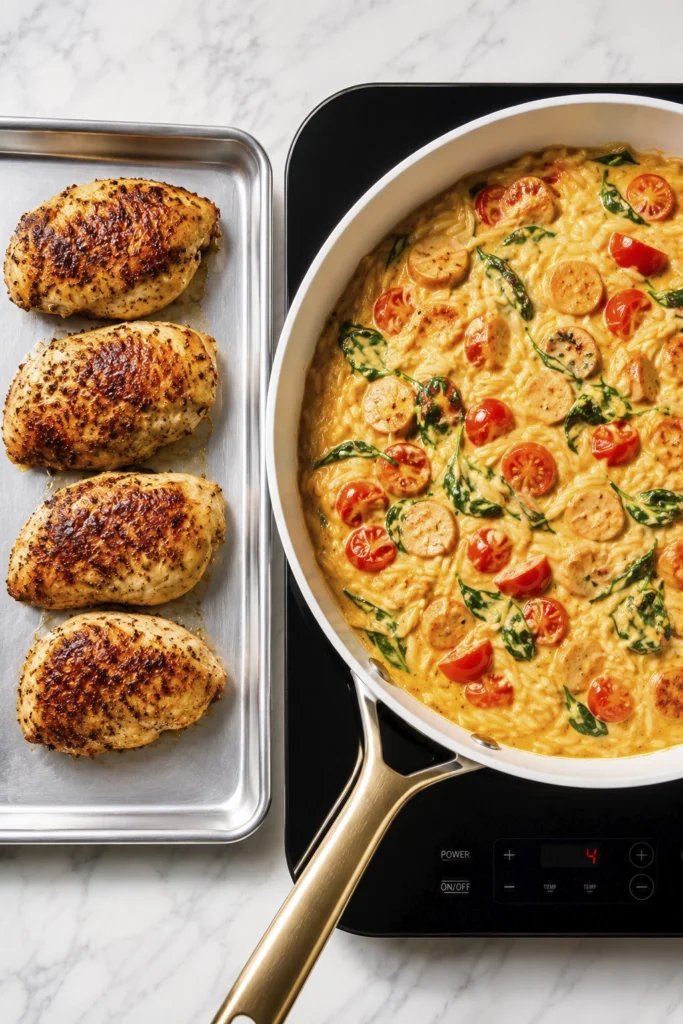 Overhead view of grilled chicken breasts on a sheet pan next to a skillet of creamy parmesan orzo with spinach, cherry tomatoes, and chicken sausage on a modern stovetop.