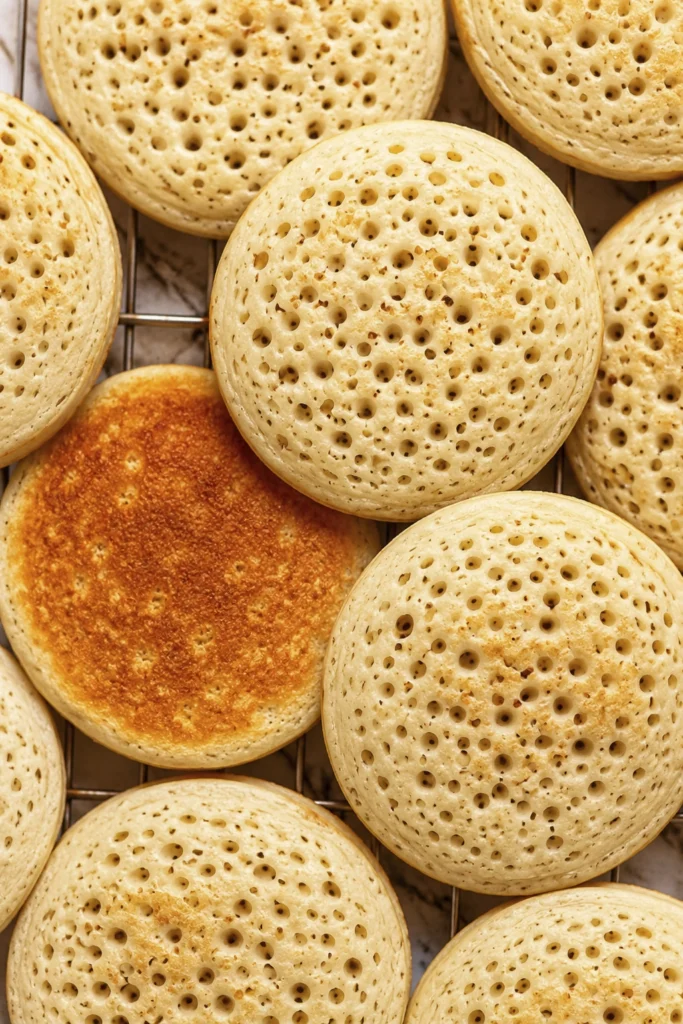 Close-up of fluffy Moroccan baghrir pancakes topped with melting butter and drizzled with golden honey on a cooling rack.