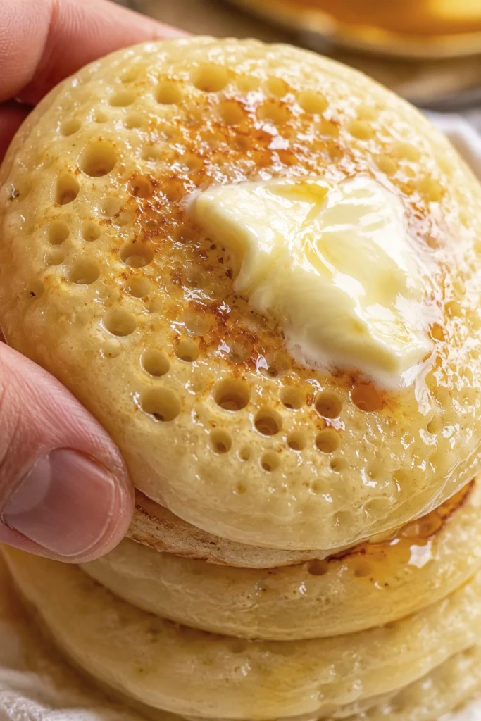 Overhead view of authentic Moroccan baghrir pancakes with signature honeycomb holes and one golden-brown toasted pancake on a cooling rack.