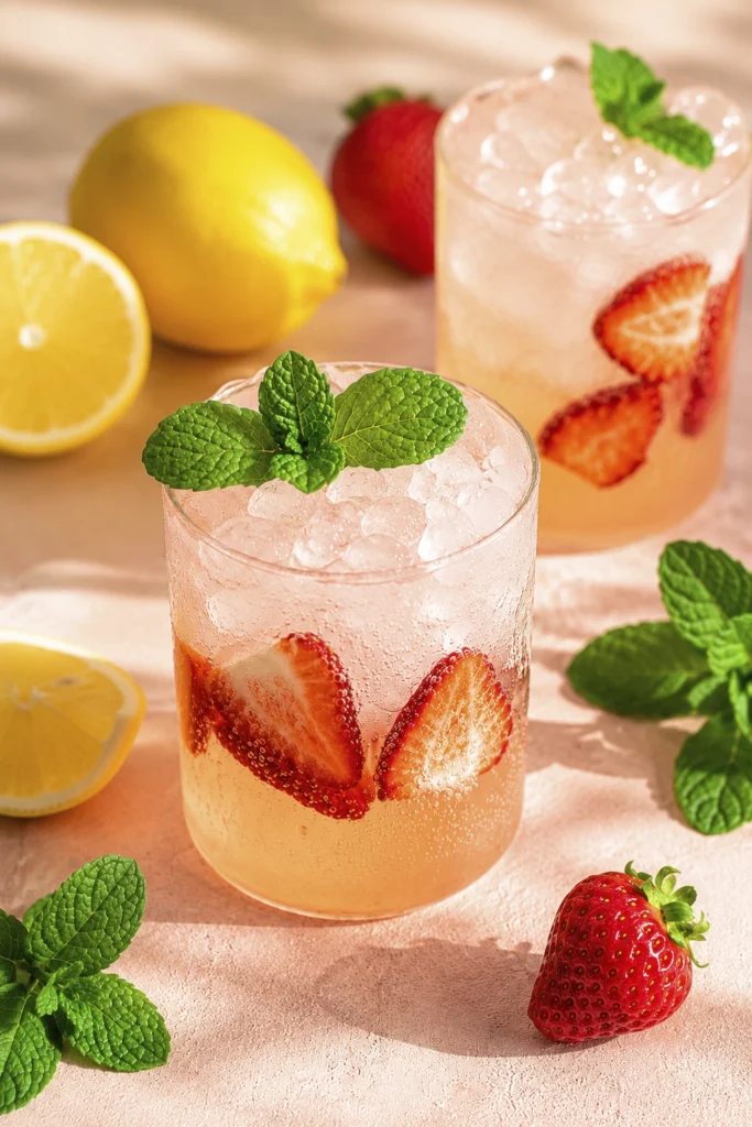 Refreshing pink lemonade drinks with strawberry slices, lemon wheels, fresh mint, and crushed ice surrounded by whole strawberries and lemons.
