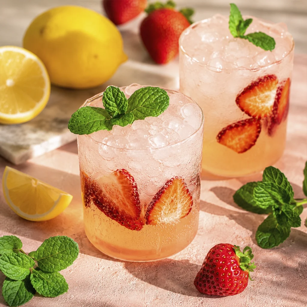 Refreshing strawberry lemonade mocktail served in clear glasses with crushed ice, fresh strawberry slices, mint garnish, and lemons on a bright pastel summer table.