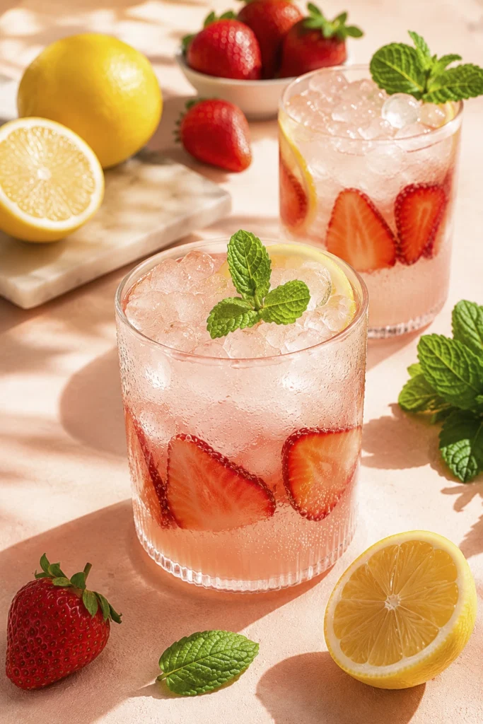 Two chilled glasses of sparkling strawberry lemonade with fresh mint, sliced strawberries, crushed ice, and lemons arranged on a pastel tabletop in bright natural light.