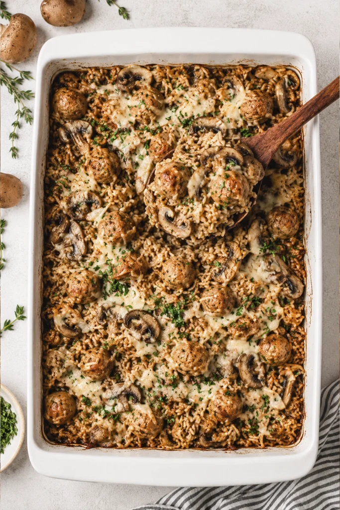 Baked French Onion Meatballs and Rice casserole topped with melted cheese and mushrooms