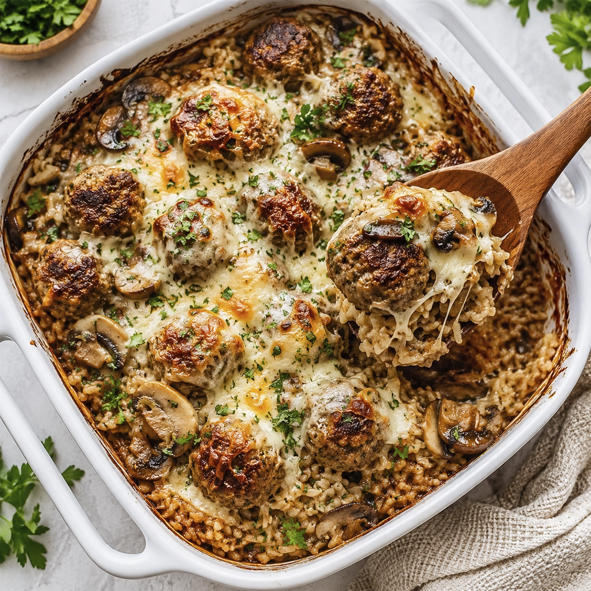 French Onion Meatballs and Rice served in a bowl with melted Gruyere cheese and sautéed mushrooms