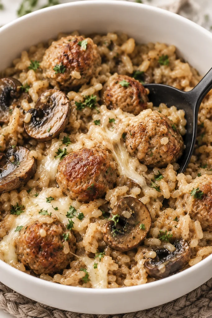 Cheesy French Onion Meatballs and Rice casserole served with mushrooms and fresh parsley