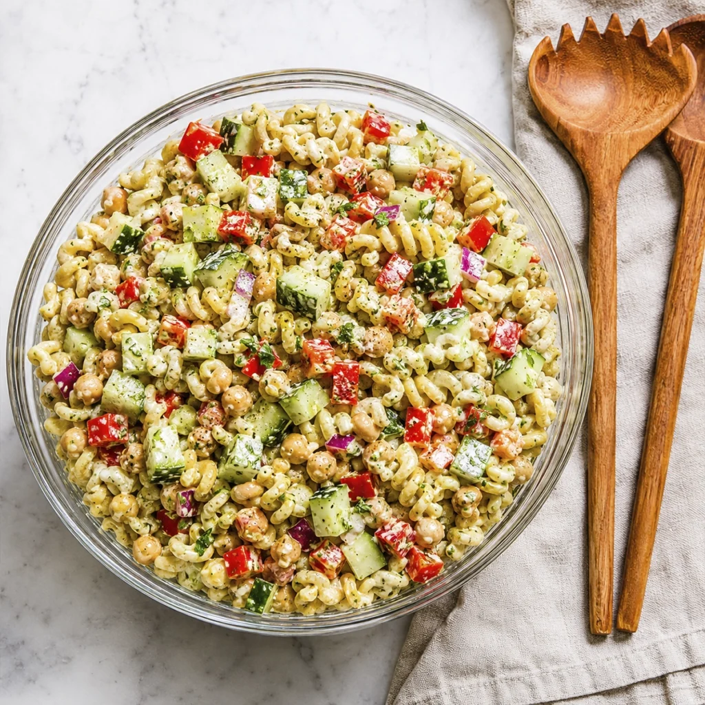 High-protein pasta salad with rotini, chickpeas, cucumbers, red bell peppers, and creamy herb dressing in a glass bowl.