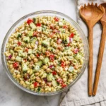 High-protein pasta salad with rotini, chickpeas, cucumbers, red bell peppers, and creamy herb dressing in a glass bowl.