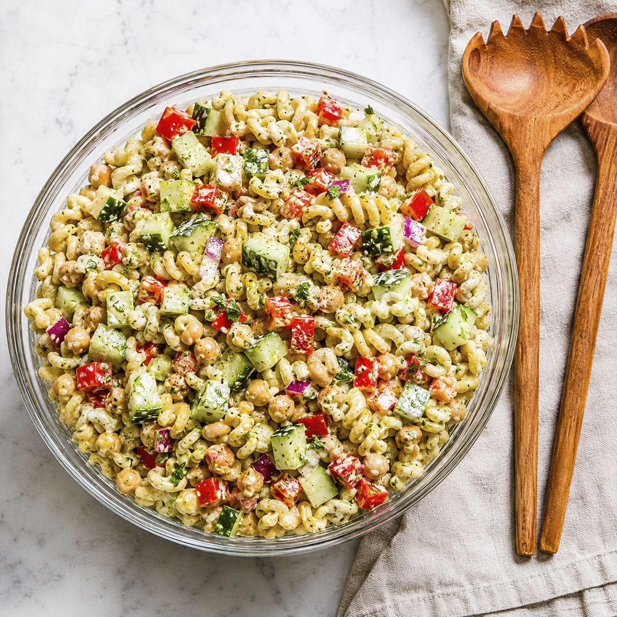 High-protein pasta salad with rotini, chickpeas, cucumbers, red bell peppers, and creamy herb dressing in a glass bowl.