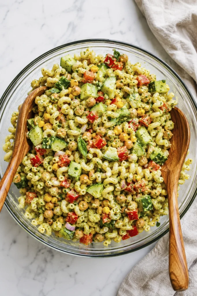 Overhead view of creamy pesto chickpea pasta salad with cucumber, red bell pepper, corn, and chickpeas in a glass bowl.